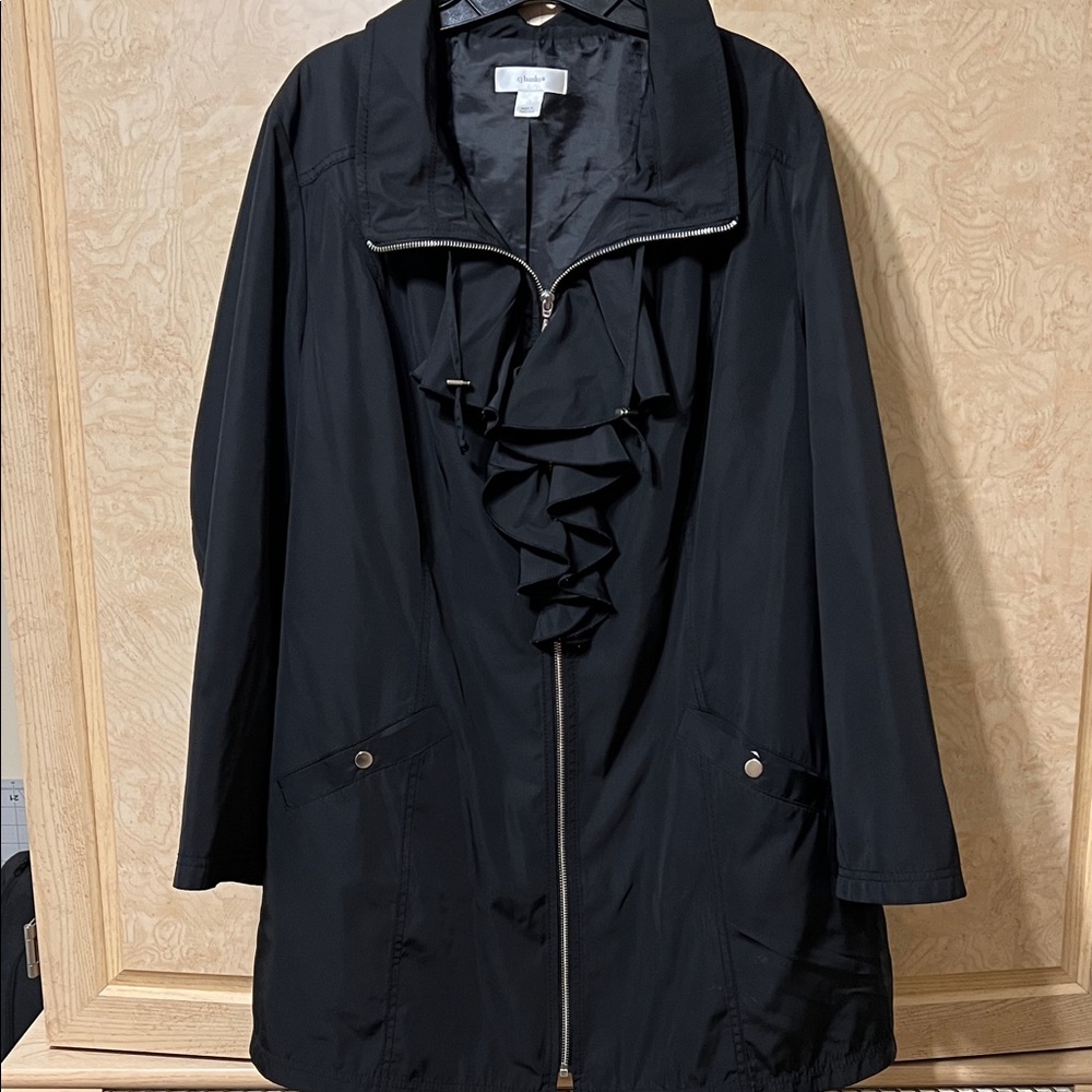 CJ Banks Black Trench Coat with Ruffle Front